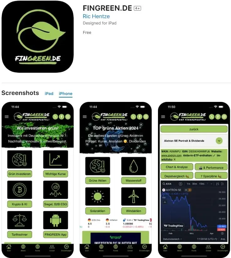 Ansicht fingreen.de App im Apple App Store